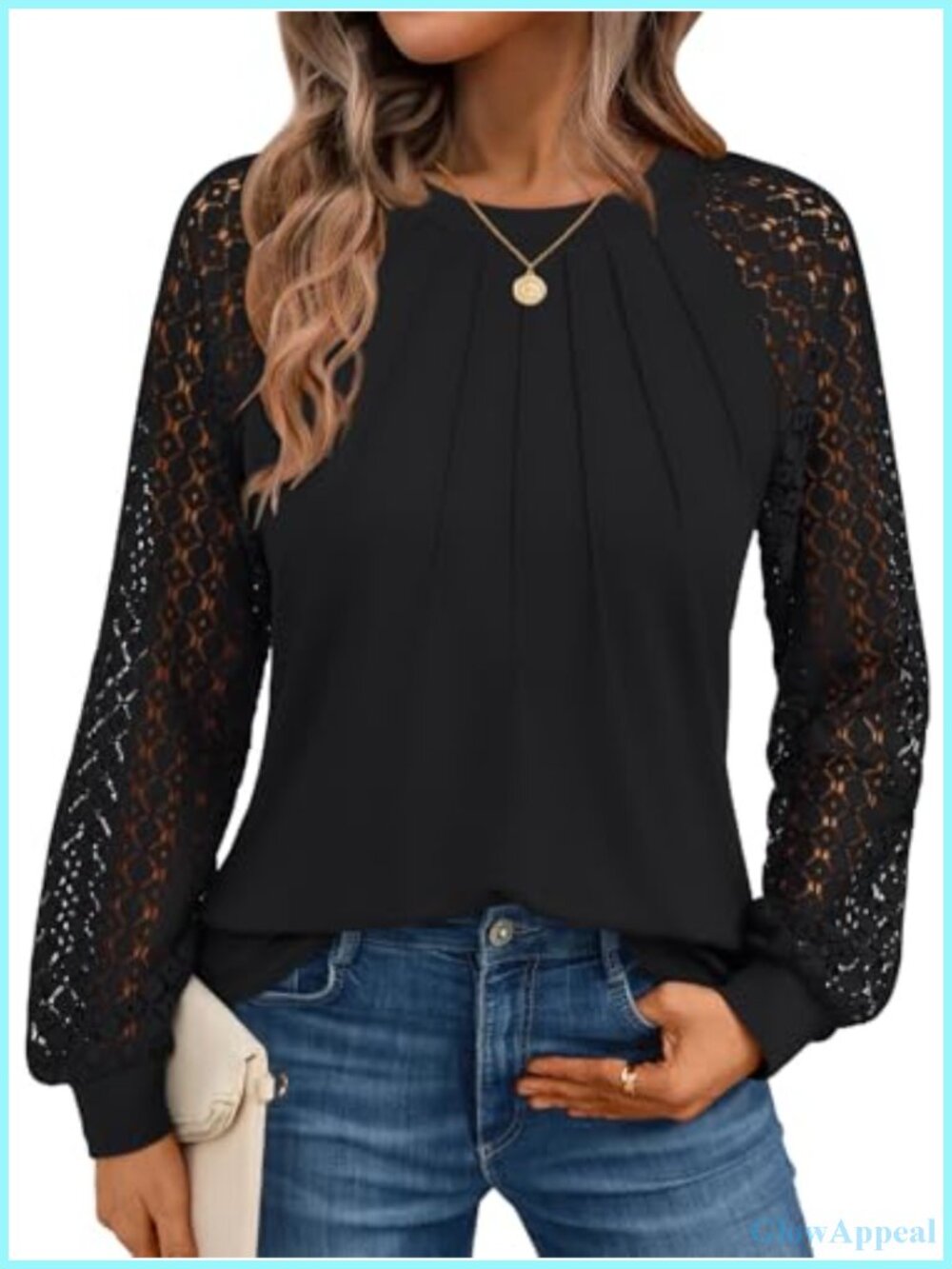 Womens Long Sleeve Lace Blouse Crew Neck Raglan Pin-Tuck Casual Work Top